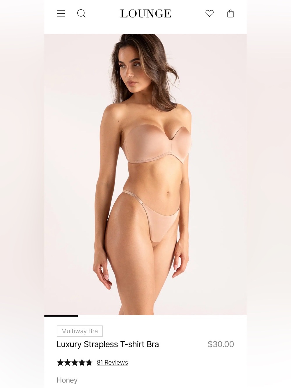 Lounge 30A Luxury Strapless T-shirt Bra & XS Luxury Thong Set in Honey